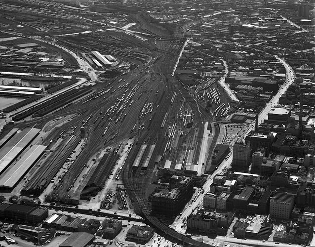 Monochrome aerial photograph of Melbourne.