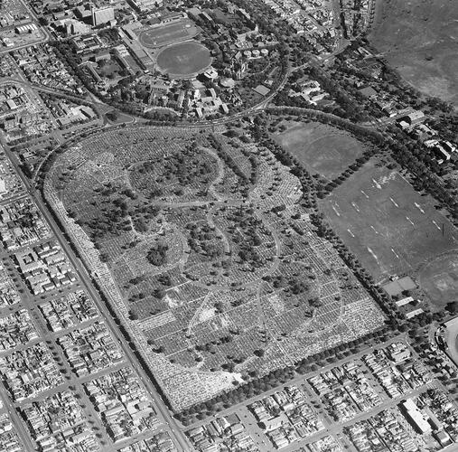 Monochrome aerial photograph of Melbourne.