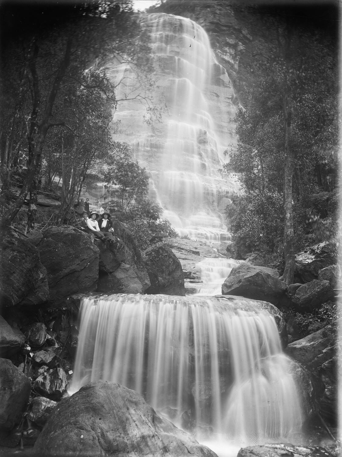 Glass Negative - Group Beside Waterfall, circa 1910s