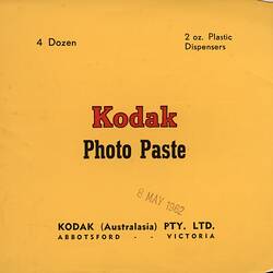Label - Kodak Australasia Pty Ltd, Kodak Photo Paste, Abbotsford, Victoria, 8 May 1962