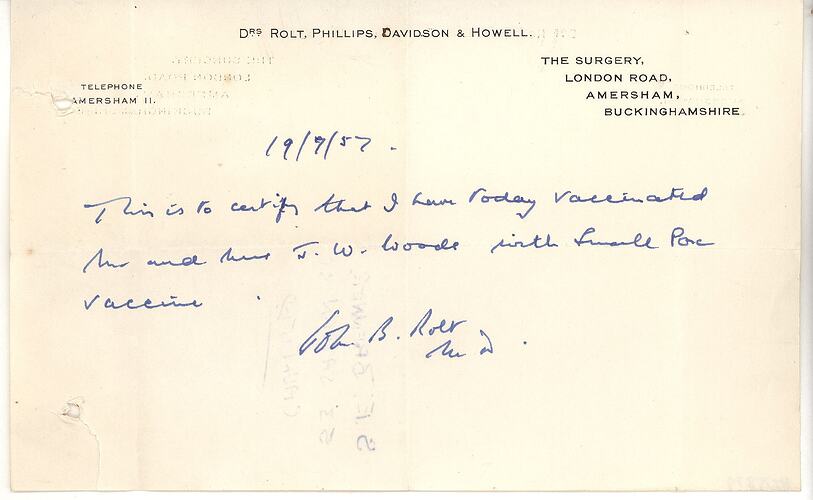 Letter - British Assisted Passage Scheme, John & Barbara Woods, The Surgery, Amersham, England, 19 Sep 1957