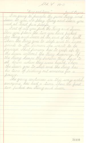 Handwritten game description in pencil on lined paper