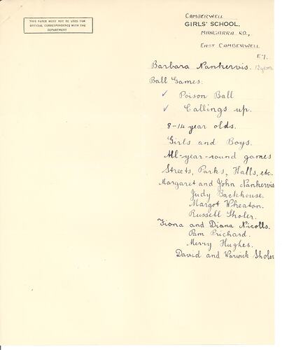 Handwritten game description in black ink on paper