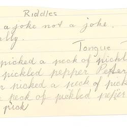 Document - Barbara Prest, Addressed to Dorothy Howard, Transcriptions of a Riddle, Tongue Twister & Two Rhymes, 1954-1955