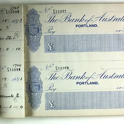 Chequebook - Messrs Henty & H (illegible), Merino Downs, Portland, 1893