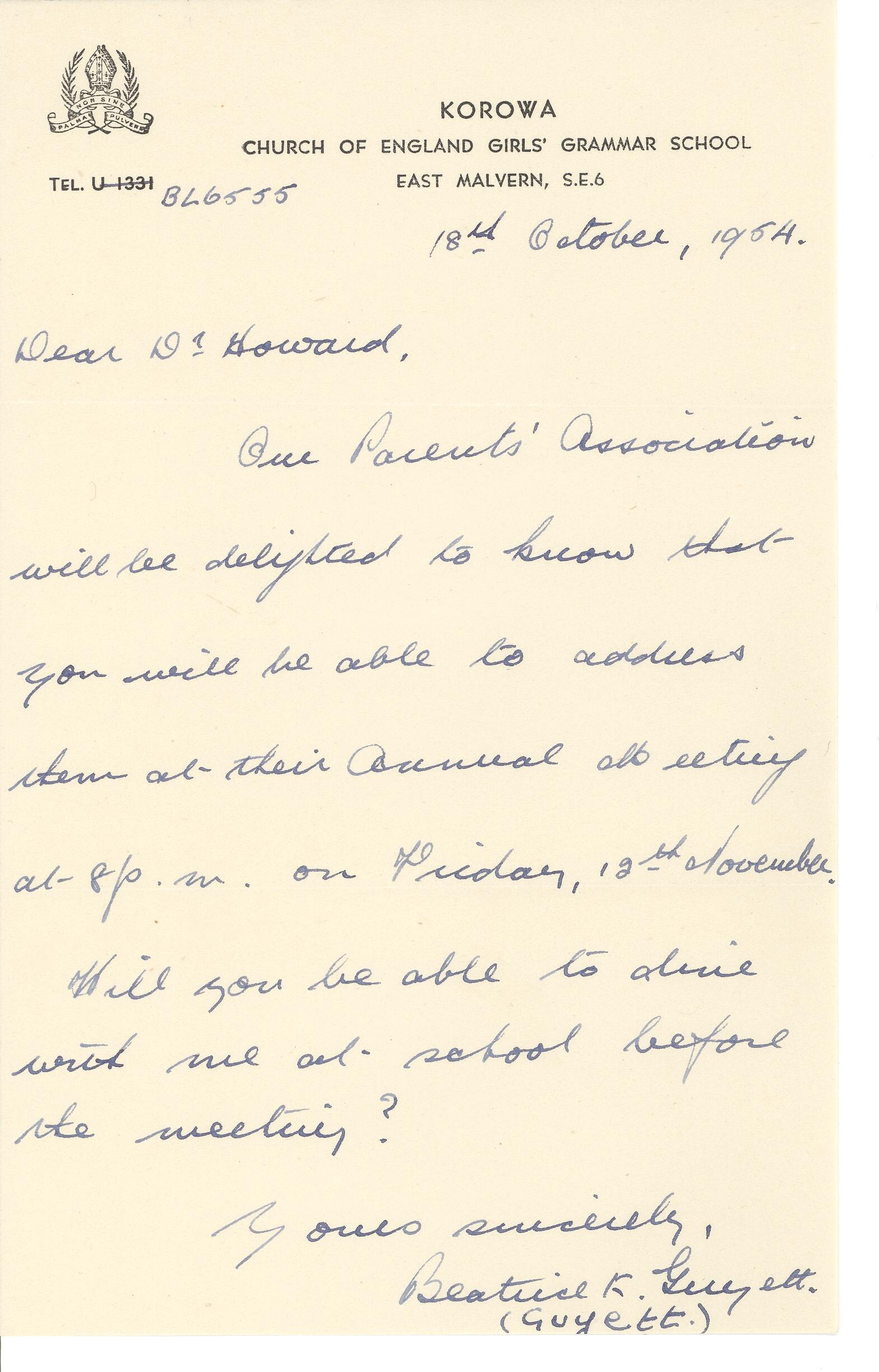 Letter Beatrice K. Guyett to Dorothy Howard Confirmation of