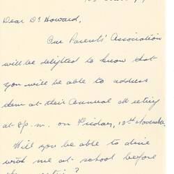 Letter - Beatrice K. Guyett, to Dorothy Howard, Confirmation of Invitation to Speak to the Parents' Association at Korowa Girls Grammar School, 18 Oct 1954