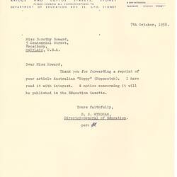 Letter - H. S. Wyndham, to Dorothy Howard, Receipt of Article about Australian Hopscotch, 7 Oct 1958
