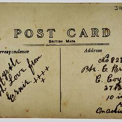 Back of postcard with handwriting.