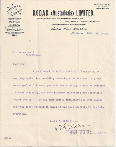 Typed letter on paper printed with Kodak letterhead.