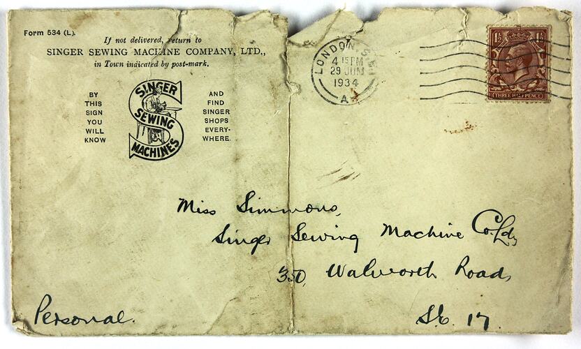 Envelope - Singer Sewing Machine Company, Lucy Hathaway (nee Simmons), 29 Jun 1934
