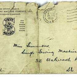 Envelope - Singer Sewing Machine Company, Lucy Hathaway (nee Simmons), 29 Jun 1934