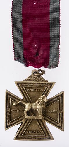 Gold cross pattee medal. Central lion in relief faces right. Text on each arm of cross. Red and blue ribbon.