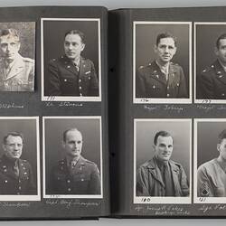 Open photo album with sixteen photographs of men in military uniform.