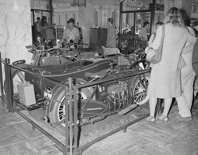 Vintage motor cycle display at the State Savings Bank, Elizabeth Street, April 1972.