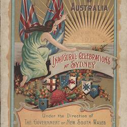 Female in draped dress leans over banner towards sun. Flags behind. Shields, flowers and text below.
