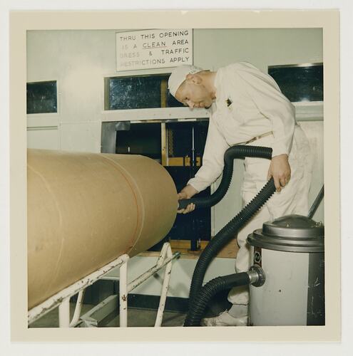 Slide 165, 'Extra Prints of Coburg Lecture', Worker Vacuuming Product, Kodak Factory, Coburg, circa 1960s
