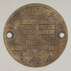 Locomotive Boiler Plate - North British Locomotive Co Ltd, Glasgow, 1949