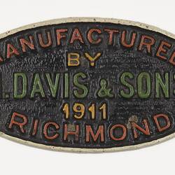 Rollingstock Builders Plate - Davis & Sons, Richmond, 1911