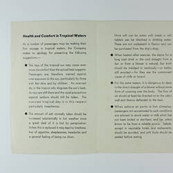 Booklet - 'Health & Comfort in Tropical Waters', R.M.S. Orion, 1955-1956