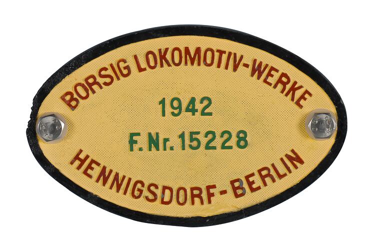 Locomotive Builders Plate - Borsig Lokomotiv Werke GmbH, Hennigsdorf-Berlin, Germany, 1942