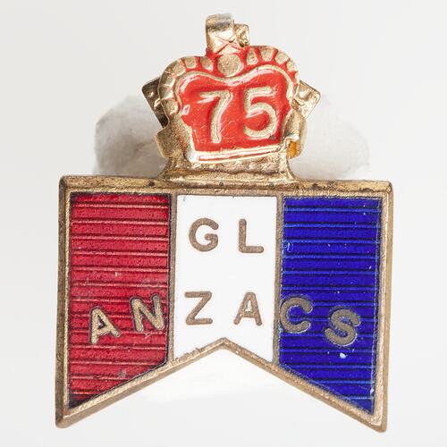 Badge, ribbon shape, crown atop. Gold text on red, white and blue vertical stripe enamel. background.