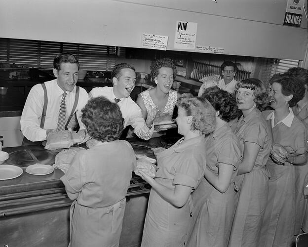 Philip Morris Ltd, Factory Workers in Lunch Queue, Moorabbin, Victoria, Feb 1959
