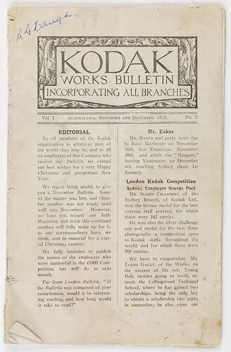 Bulletin - Kodak Australasia Pty Ltd, 'Kodak Works Bulletin', Vol 1, No 7, Oct 1923, Front Cover, Page 1