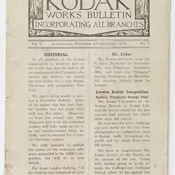 Bulletin - Kodak Australasia Pty Ltd, 'Kodak Works Bulletin', Vol 1, No 7, Nov-Dec 1923