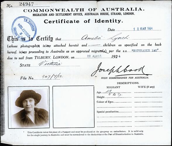 Certificate of Identity - Amelia Lynch, Commonwealth of Australia, Migration & Settlement Office, London, 13 Mar 1924