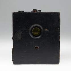 Front of wooden box camera.