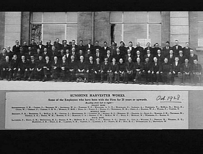 SUNSHINE HARVESTER WORKS - SOME OF THE EMPLOYEES WHO HAVE BEEN WITH THE FIRM FOR 25 YEARS OR UPWARDS OCT 1928...