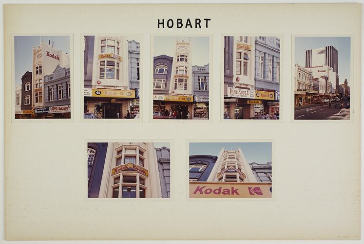 White cardboard poster with seven photographs of shop exteriors.