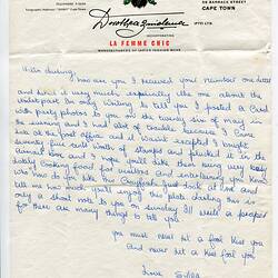 Letter - Sylvia Boyes To Lindsay Motherwell, Cape Town To London, May 1969