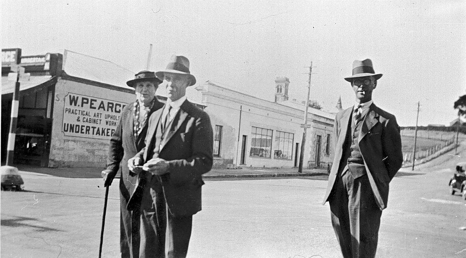 Negative - Two Men & a Woman Outside W. Pearce, Undertakers, Mount ...