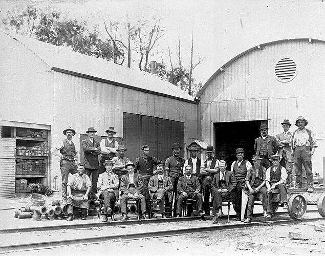 Workshop staff and officials, North Ballarat Railway workshop, circa 1925.