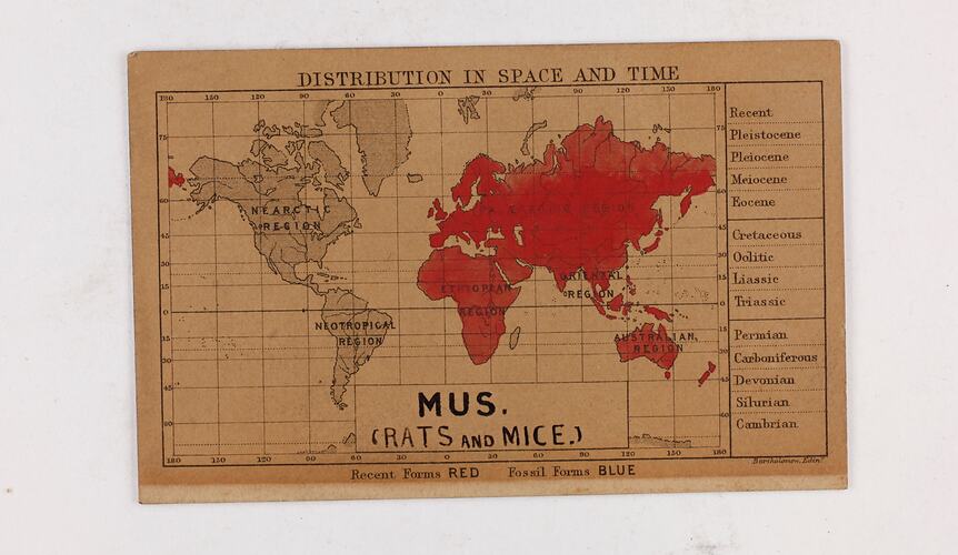 Retangular brown card with black and red text and map