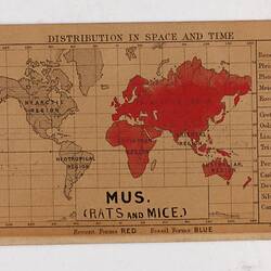 Retangular brown card with black and red text and map