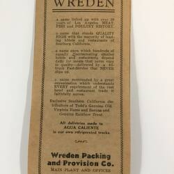 Vertical rectangular programme. Off-white paper with black printed text. Wreden Packing and Provision Co. ad.