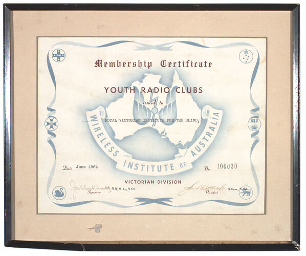 Membership Certificate - Youth Radio Clubs, Issued to Royal Victorian Institute for the Blind, Jun 1964