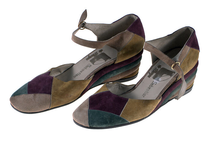 A pair of multi-coloured suede shoes.