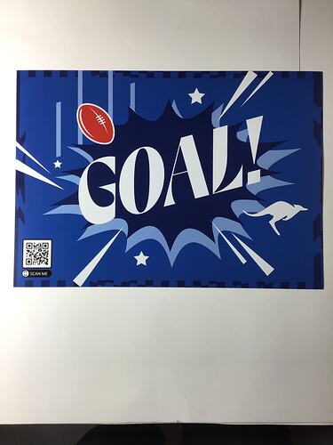 Blue poster with white printed text and red football.