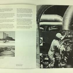 Open booklet. Black and white image of a person working at a power station.