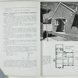 Open booklet with white pages and black printing. House and floorplan on right page.