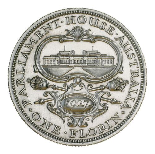 Proof Coin - Florin (2 Shillings), Opening of Parliament House, Canberra Florin, Australia, 1927, photographed by Museums Victoria