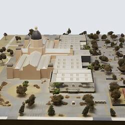 Architectural model of Royal Exhibition Building, Carlton Gardens with fountains, carpark and annexes.