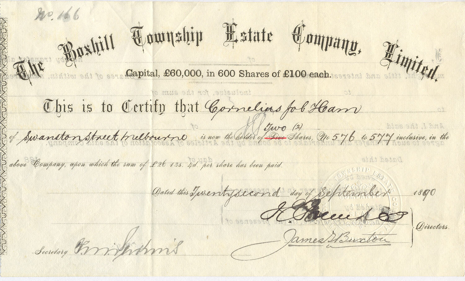 Scrip - Boxhill Township Estate Co Ltd, Issued Victoria, Australia, 1890