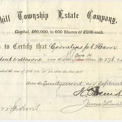 Scrip - Boxhill Township Estate Co Ltd, Issued Victoria, Australia, 1890