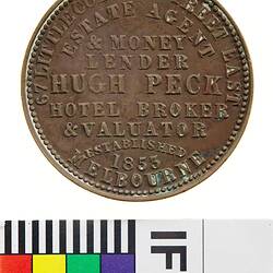 Token - 1 Penny, Hugh Peck, Estate Agent & Money Lender, Melbourne, Victoria, Australia, 1862