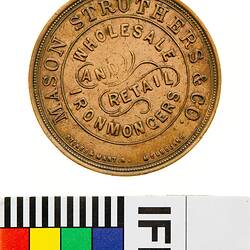 Token - 1 Penny, Mason, Struthers & Co, Ironmongers, Christchurch, New Zealand, circa 1872